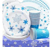 Doyomtoy Paquet de 61 Vaisselle de Fête à Neiger, Fournitures de fête Winter Wonderland, Vaisselle pour Le Nouvel an, Célébration, Anniversaire, Dessert, Mariage, Assiettes,Tasse, Nappe (20 invités)