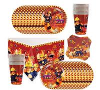 Doyomtoy Set de table de fête pour enfants Vaisselle pour fête d'anniversaire sur le thème des pompiers 61 pièces - assiettes,tasses,nappes,serviettes en papier