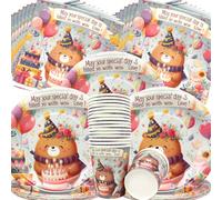 Doyomtoy Set de Table pour la Fête de l'ours,60 Pièces Ours en Peluche Thème Party Vaisselle Tasses Serviettes de Table Nappe Adapté à la Décoration de fête d'anniversaire d'enfants,Douche de Bébé
