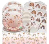 Doyomtoy Vaisselle arc-en-ciel Bohème,61pcs Paper Tableware Set Includes Tablecloth Plates Cups Napkins,Service de table arc-en-ciel de Bohème,Boho Stoviglie per Feste di Compleanno