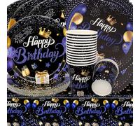 Doyomtoy Vaisselle de Fête Anniversaire,Noir et Bleu Vaisselle Papier Set Assiettes en Papier Serviettes Tasses pour Baby Shower Décorations Fête d'anniversaire 16 Personnes