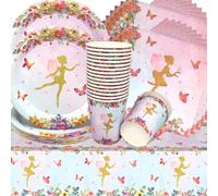 Doyomtoy Vaisselle de Fête Anniversaire Papillon, 61 Pièces Vaisselle Papier Set Assiettes en Papier Serviettes Tasses pour Fête à Thème Fleurs de fées Décorations Fête d'anniversaire