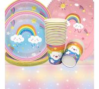 Doyomtoy Vaisselle de Fête Arc-en-ciel Anniversaire, 61 Pièces Arc-en-ciel Vaisselle Papier Set Assiettes en Papier Serviettes Tasses pour Fête à Thème Fille Décorations Fête d'anniversaire Filles