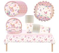 Doyomtoy Vaisselle de fête colorée en forme de papillon, vaisselle d'anniversaire pour enfants, comprenant des tasses, des assiettes, des serviettes et des couverts