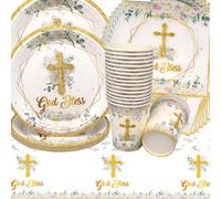 Doyomtoy Vaisselle de Fête Communion, Vaisselle Papier Set Décoration de Première Communion Assiettes en Papier Serviettes Tasses pour Baby Shower Décorations Fête d'anniversaire 20 Personnes