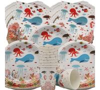 Doyomtoy Vaisselle de fête de l'océan,60 Pièces Océan Animaux Vaisselle Papier Set Assiette à Dessert Gobelet Serviette en Papier Enfants Anniversaire bébé Baptême partie Accessoires