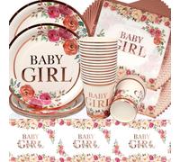 Doyomtoy Vaisselle de Fête Fleur Anniversaire,Baby Shower Vaisselle Papier Set Assiettes en Papier Serviettes Tasses pour Fête à Thème Fleurs de fille Décorations Fête d'anniversaire 20 personnes