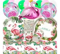 Doyomtoy Vaisselle de Fête Hawaiian Anniversaire,76 Pièces Flamant Vaisselle Papier Set Ballons Tropicales Hawaiian Assiettes en Papier Serviettes Tasses pour Décorations Fête d'anniversaire