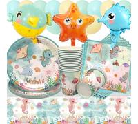 Doyomtoy Vaisselle de Fête Océan Anniversaire, 68 Pièces Océan Animaux Vaisselle Papier Set Ballons Animaux de l'océan Assiettes en Papier Serviettes Tasses pour Décorations Fête d'anniversaire