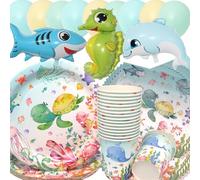 Doyomtoy Vaisselle de Fête Océan Anniversaire,75 Pièces Océan Animaux Vaisselle Papier Set Ballons Animaux de l'océan Assiettes en Papier Serviettes Tasses pour Décorations Fête d'anniversaire