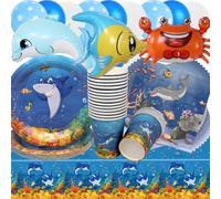 Doyomtoy Vaisselle de Fête Océan Anniversaire,76 Pièces Décorations de Fête de Océan Animaux Ballons Assiettes en Papier Serviettes Tasses pour Fête à Thème Océan Décorations Fête
