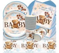 Doyomtoy Vaisselle de Fête Ours en Peluche Anniversaire, 61 Pièces Ours Vaisselle Papier Set Assiettes en Papier Serviettes Tasses pour Fête à Thème Baby Shower Décorations Fête d'anniversaire