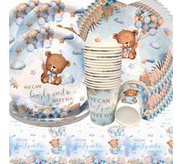 Doyomtoy Vaisselle de Fête Ours en Peluche Anniversaire Ours Vaisselle Papier Set Assiettes en Papier Serviettes Tasses pour Fête à Thème Baby Shower Décorations Fête d'Anniversaire 20 personnes