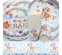 Doyomtoy Vaisselle de Fête Ours en Peluche Anniversaire Ours Vaisselle Papier Set Assiettes en Papier Serviettes Tasses pour Fête à Thème Baby Shower Décorations d'Anniversaire 16 personnes