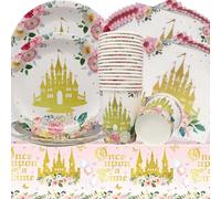 Doyomtoy Vaisselle de Fête Princesse Rose, 61 Pièces: Assiettes, Gobelets, Serviettes, Nappe pour Fête d'Anniversaire, Baby Shower