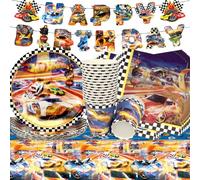 Doyomtoy Vaisselle de Fête Voiture de Course Anniversaire, 62 Pièces Décorations de Fête d'anniversaire de Voiture de Course Assiettes en Papier Serviettes Tasses pour Décorations Fête d'anniversaire