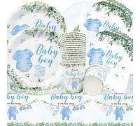Doyomtoy Vaisselle pour Baptême de Bébé,61Pièces Ensemble de Vaisselle pour la fête de Bébé d'un Garçon Assiettes,Gobelets,Serviettes,Nappes Vaisselle pour fête d'anniversaire avec Révélation du Sexe