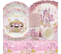 Doyomtoy Vaisselle Princesse,61Pcs Kit Anniversaire Princesse,Princesse Partyware Set Décoration de fête de Château de Princesse Comprend Assiette,Gobelets en Papier Serviettes Nappe,20 invités