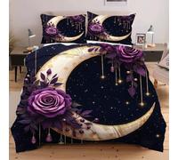 Dozrmey Housse de Couette 160x200 Fleurs Violettes et Lune, 3 Pièces Parure de Lit 2 Personnes en Microfibre, Ensemble de Literie avec 1 Housse de Couette 160x200 et 2 Taie d'oreiller 65x65