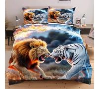 Dozrmey Parure de Lit 200x200 cm Lion et Tigre, Grand Format Confortable avec Attaches Angles pour Un Maintien Parfait de la Couette, Ensemble 3 Pièces pour Chambre d'amis E230