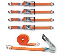 DoZurr 5000 Lot de 4 Sangles d'arrimage avec cliquet Stable et Crochets profilés, Charge maximale : 2500 kg, 50 mm de Large x 6 m de Long, Orange, pour camions et Grandes remorques