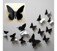 DP Design® - Lot de 12 papillons autocollants noirs, en PVC effet 3D, idéal pour décorer mur, armoire, miroir