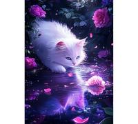 DPHERO 5D Chat Blanc Diamond Painting Kits, DIY Reflet Fleurs Art du Diamant Painting Kit Complet, Pays de Rêve Kits de Peinture sur Diamant Point de Croix Paint pour Adultes Débutants 30x40 cm