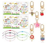 DPKOW 15 Merci Cadeau Fin Année École, Merci Carte avec Enveloppe Bracelet Porte-Clé pour Maîtresse Enseignant Cadeau ATSEM Maternelle Crèche Cadeau, Chouette Abeille Pomme Fleur Étoile