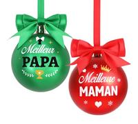 DPKOW 2 x Boules de Noël Papa Maman Meilleure Boule Noel Idee Cadeau Papa Maman Parents Décoration Noël Sapin pour Père Mère, Rouge Vert 80 mm Incassable, Plastique