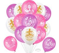 DPKOW 28pcs Rose Ballons de Ma Première Communion Décorations, Ma 1ère Communion Ballons en Latex pour Rose Sainte Communion Décorations Fournitures