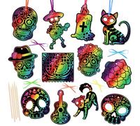 DPKOW 36 Dia de Los Muertos Carte à Gratter pour Enfant, Papier à Gratter Arc-en-Ciel Mexicaine Halloween pour Enfant Activites Manuelles Dia de Los Muertos Artisanat Pendentifs Ornements