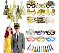 DPKOW 36 pièces Kit Cotillons Nouvel An 2026 Lunettes Chapeaux Bonne Année Serre Tete Masques Sifflet Bruit, Decoration Nouvel An 2026 Accessoires Photobooth Fête Jour de l'An 2026 à Paillettes Laser