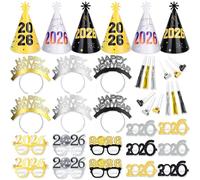 DPKOW 36 pièces Kit Cotillons Nouvel An Chapeau Lunettes Bonne Année Serre Tete Sifflet Squawker Or noir Argent, Decoration Nouvel An 2026 Lunettes Serre Tete Accessoires Photobooth Jour de l'An 2026