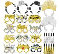 DPKOW 36 x Cotillons Nouvel An 2026 Paillettes, Laser Lunettes Sifflets Trompette Fête Chapeaux Mini Haut-de-Forme Serre-Têtes pour Nouvel An Accessoires Kit 2026, Noir Or Argent Paillettes