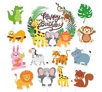 DPKOW 37pcs Jungle Animaux Décorations de Gâteaux de Anniversaire pour Enfants, Happy Birthday Cupcake Cake Topper pour Enfants Safari Animaux Décorations de Gâteaux de Anniversaire