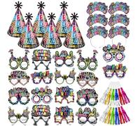 DPKOW 42 Pièces Cotillons Nouvel an 2026 Fluo, Chapeaux Nouvel an Serre Tete Lunettes Bonne Année Sifflets de Fête pour Nouvel an 2026 Accessoires Gadget Fluo Kit Nouvel an Coloré