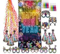 DPKOW 58 x Decoration Cotillons Nouvel an 2026 Fluo, Bannière de Fond Bonne Année Nouvel an Chapeaux Lunettes Serpentins Sifflets de Fête pour 2026 Nouvel an Déco Kit Accessoires Gadget Fluo
