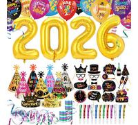 DPKOW 77 x Coloré Décoration Cotillons du Nouvel An 2026 Chapeaux Accessoires Photobooth Ballons Serpentins Sans Gênes pour Kit du Nouvel An 2026 Multicolores