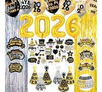 DPKOW 77 x Decoration Cotillons Nouvel an 2026 Paillettes, Rideau Doré Ballon 2026 Nouvel an Chapeaux Serre Tete Nouvel an Photobooth Paillette Sifflets de Fête pour Nouvel an Déco Kit Accessoires