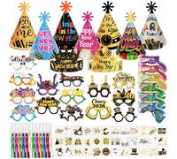 DPKOW 77pcs Kit Cotillons du Nouvel An 2026 Multicolores, Nouvel An Chapeaux Lunettes Tatouages Colorés Canon à Confettis du Nouvel An Sans Gênes pour Set Accessoires du Nouvel An 2026 Multicolores