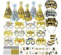 DPKOW 78 x Cotillons Nouvel An 2026 Paillettes, Chapeaux Lunettes Serpentins Tatouages Sans Gênes Sifflets Serre-Têtes pour Nouvel An Accessoires Kit Déco, Noires Dorées Argentées Paillettes