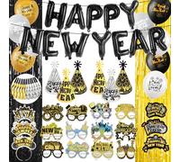 DPKOW 82 x Decoration Cotillons Nouvel an 2026 Paillettes, Rideau Ballon NOUVEL AN Bonne Année Chapeaux Serre Tete Lunettes Paillette Sifflets de Fête pour Nouvel an Déco Kit Accessoires