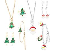 DPKOW 9pcs Parures de Bijoux de Noël pour Filles Enfants, Noël Collier Chaînes Noël Bracelets Bagues Noël Boucles d'oreilles Pendentif pour Filles Sacs Cadeau de Noël, Sapin de Noël Père Noël