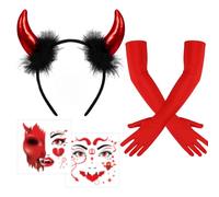 DPKOW Accessoires de déguisement d'Halloween, serre-tête cornes de diable rouge, tatouages faciaux d'Halloween, gants pour déguisement de diable rouge, accessoires pour déguisements de femme