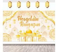 DPKOW Bannière Ramadan Hosgeldin Ramazan Platine, Tissu Grande Bannière Musulman Islamique Ramazan Décor, 180x110 cm