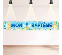 DPKOW Bleu Mon Baptême Bannière Décoration pour Enfants Garçon, Bannière en Tissu pour Garçon Bébé Baptême Decoration Intérieur Extérieur, 270 * 40cm