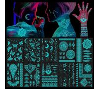 DPKOW Bleue Lumineux Tatouages Temporaire Femmes Main Corporel, 10 Feuilles Indienne Dentelle Mandala Tatouage Ephemere Néon Brillant dans le Noir Tatouages Papillon Lune Étoile pour Mariage de l'Aïd
