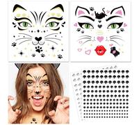 DPKOW Chat Tatouages Visage Carnaval Costumes de Chat Femmes Enfants Tatouages temporaires Chat Pierres Brillantes Visage Halloween Tatouage Visage Maquillage Chat Cosplay Costumes de Carnaval