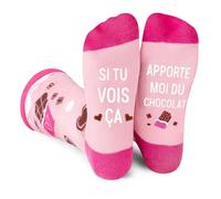DPKOW Chaussettes Femme, Coton Humour, Cadeaux d'Anniversaire Noël Saint-Valentin, SI TU VOIS ÇA APORETE MOI DU CHOCOLAT, Rose