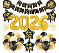 DPKOW Cotillons 2026 Nouvel An Décorations Or Noir, Bonne Année Bannière Latex Ballons Aluminium Ballon pour 2026 Nouvel An Déco Kit